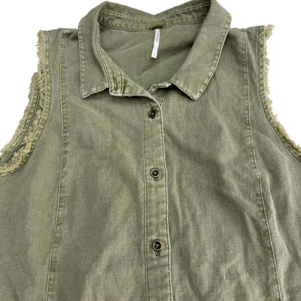 Free People Women's Olive Green Linen Blend Sleeveless Button Shirt Top, Size S - Picture 3 of 8